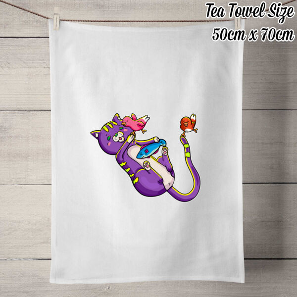 Purple Cat - 50% Linen Tea Towel - White Thumbnail