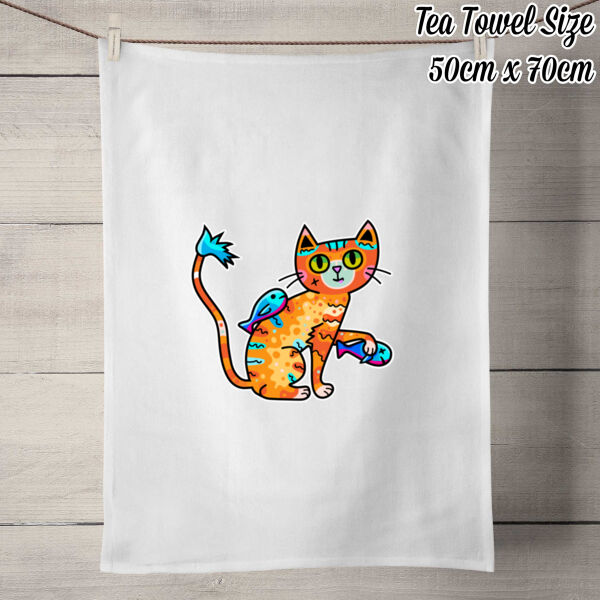 Cat&Fish - 100% Linen Tea Towel - Off White Thumbnail