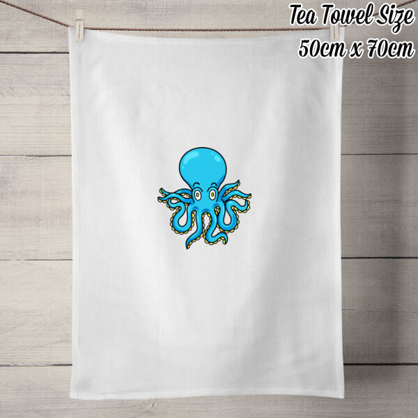 Blue Octopus - 50% Linen Tea Towel - White Thumbnail