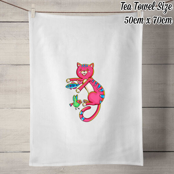 Red Cat & Friends - 100% Linen Tea Towel - Off White Thumbnail