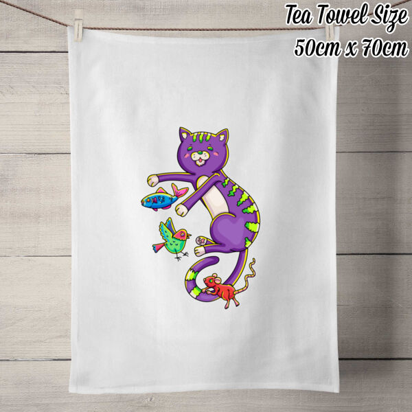 Purple Cat & Friends - 100% Linen Tea Towel - Off White Thumbnail
