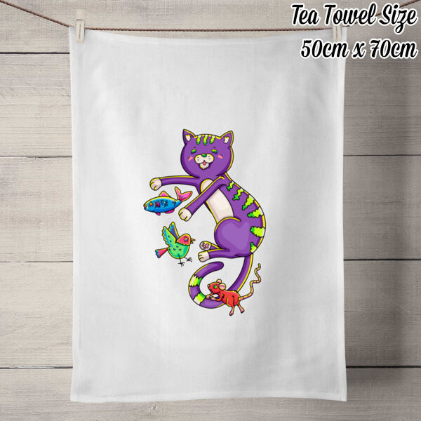 Purple Cat & Friends - 50% Linen Tea Towel - White Thumbnail