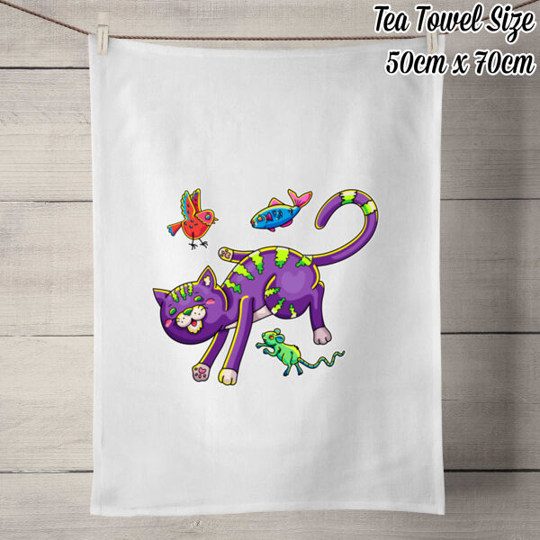 Purple Cat & Friends V2 - 100% Linen Tea Towel - Off White Thumbnail