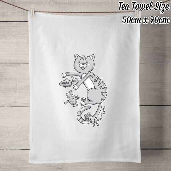 B&W Cat & Friends - 50% Linen Tea Towel - White Thumbnail