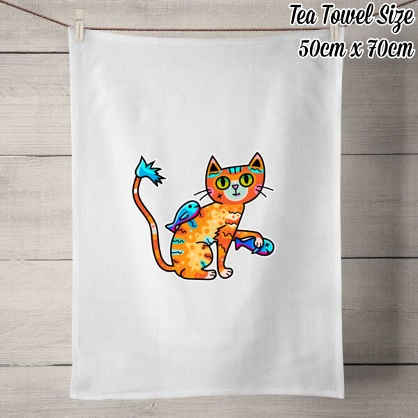 Cat&Fish - 50% Linen Tea Towel - White Thumbnail