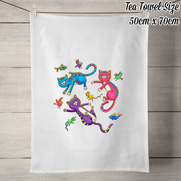 Cat Trio & Friends - 50% Linen Tea Towel - White Thumbnail