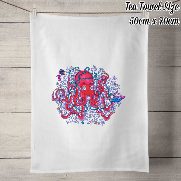 Tangled Octopus V2 - 50% Linen Tea Towel - White Thumbnail