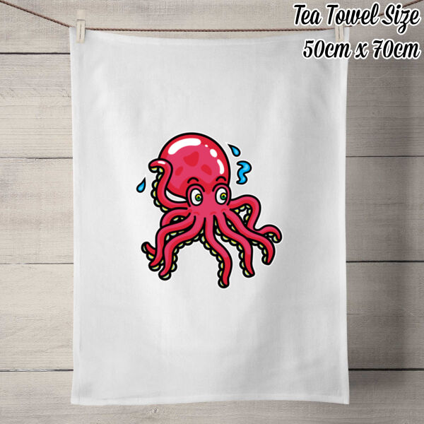 Octo in Red - 50% Linen Tea Towel - White Thumbnail
