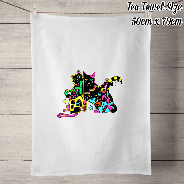 Cats of Neon - 50% Linen Tea Towel - White Thumbnail