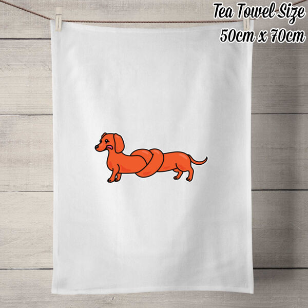 Sausage Dog - Pretzel Tan - 50% Linen Tea Towel - White Thumbnail