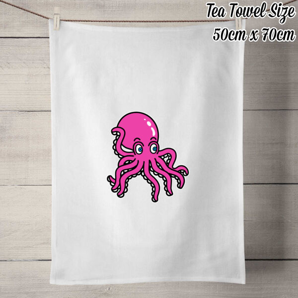 Octo in Pink - 50% Linen Tea Towel - White Thumbnail