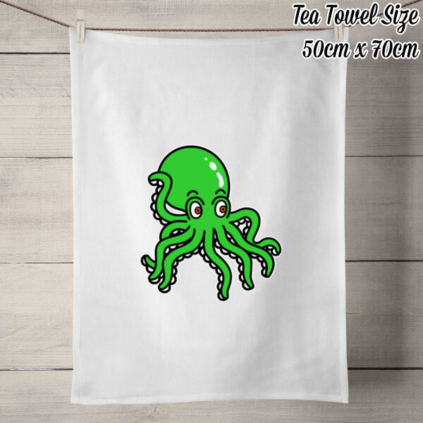 Octo in Green - 100% Linen Tea Towel - Off White Thumbnail