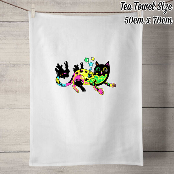 Neon Mimic Cat - 100% Linen Tea Towel - Off White Thumbnail