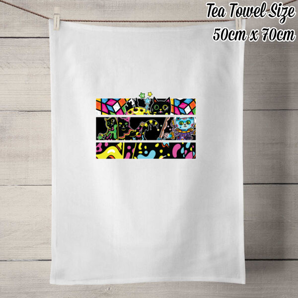 Fluro Cat Universe - 50% Linen Tea Towel - White Thumbnail