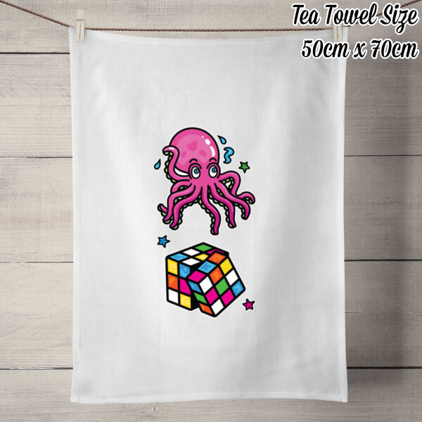 Octo Cube - Pink - 50% Linen Tea Towel - White Thumbnail