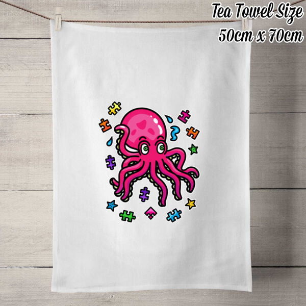 Octo Puzzle - 50% Linen Tea Towel - White Thumbnail
