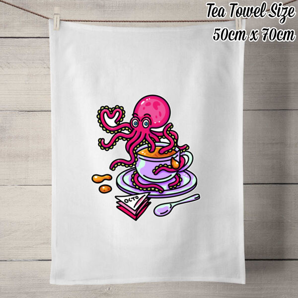 Octopied with Tea - 50% Linen Tea Towel - White Thumbnail