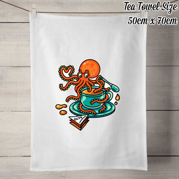 Octopied with Tea - V2 - 100% Linen Tea Towel - Off White Thumbnail