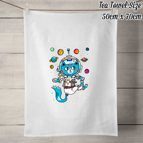 Space Cat V1 - 100% Linen Tea Towel - Off White Thumbnail