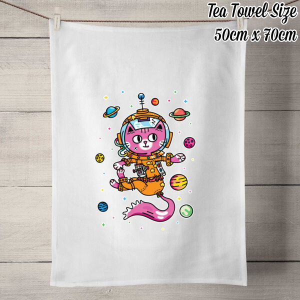 Space Cat V2 - 50% Linen Tea Towel - White Thumbnail