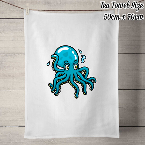 Octo in Blue - 100% Linen Tea Towel - Off White Thumbnail