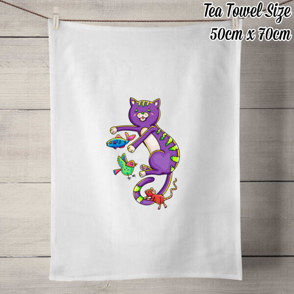Purple Cat & Friends - 100% Linen Tea Towel - Off White Thumbnail