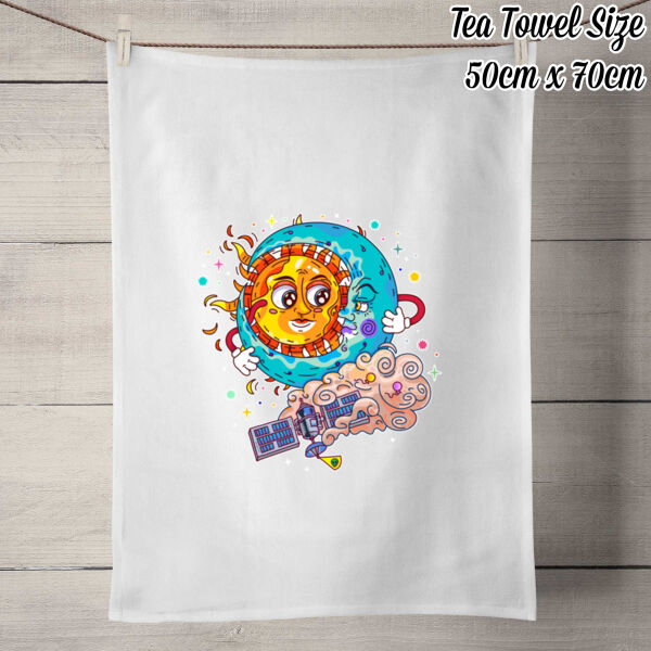 Sun & Moon Embrace - 100% Linen Tea Towel - Off White Thumbnail