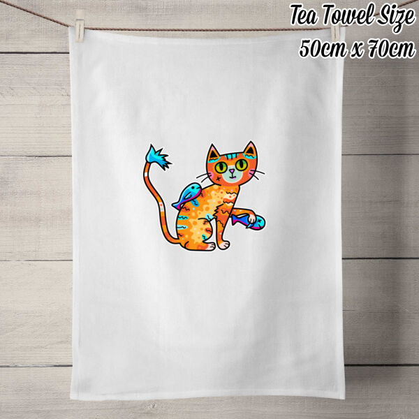 Cat&Fish - 50% Linen Tea Towel - White Thumbnail
