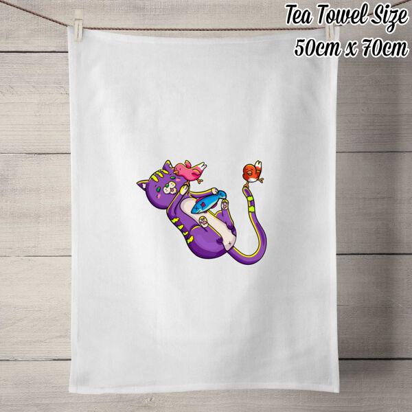 Purple Cat - 100% Linen Tea Towel - Off White Thumbnail