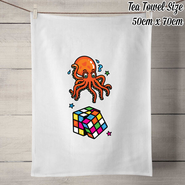Octo Cube - Orange - 100% Linen Tea Towel - Off White Thumbnail