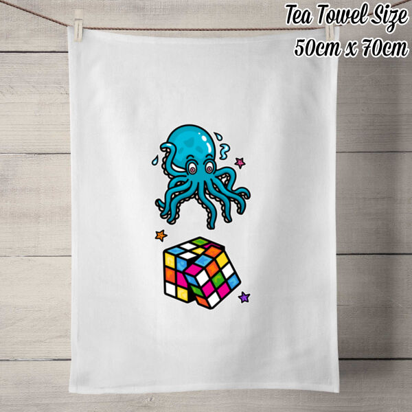 Octo Cube - Blue - 50% Linen Tea Towel - White Thumbnail