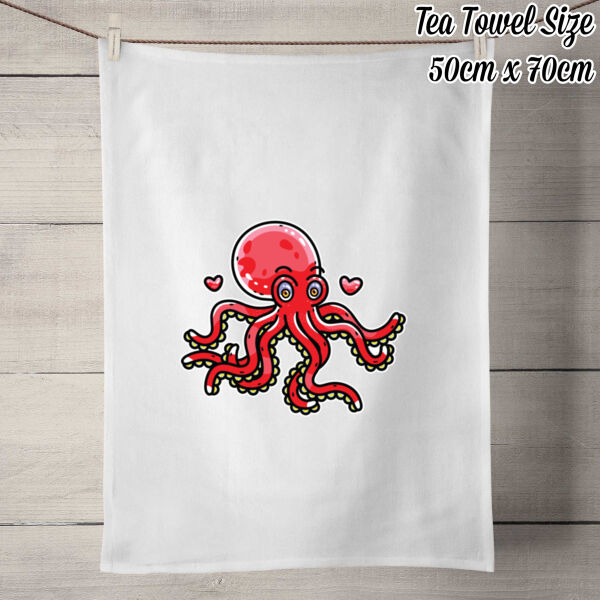 Octo - Cherry - 50% Linen Tea Towel - White Thumbnail
