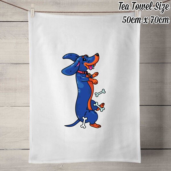 Sausage Dog - Black&Tan - 50% Linen Tea Towel - White Thumbnail