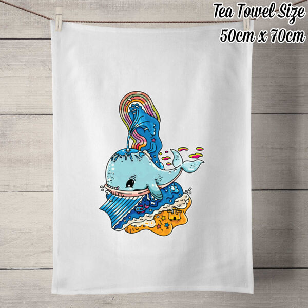 A Whale of a Time - Blue Version - 50% Linen Tea Towel - White Thumbnail
