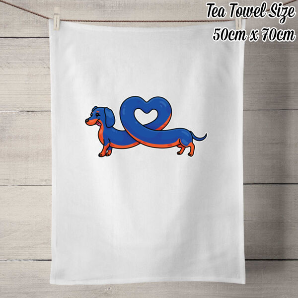 Sausage Dog - Stretch Heart - Black & Tan - 100% Linen Tea Towel - Off White Thumbnail