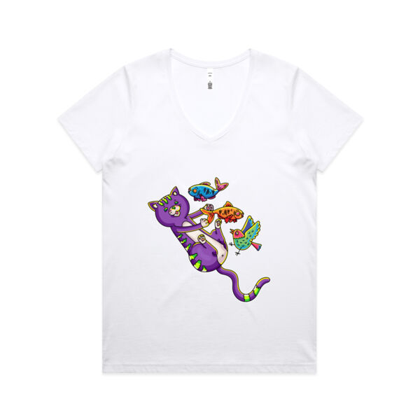 Purple Cat - Revamped - Version 2 - Catastrophic Pets Frenzy - AS Colour - Women's Maple V Neck Tee Thumbnail