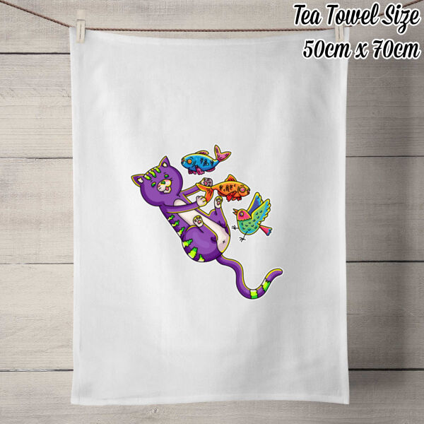 Purple Cat - Revamped - Version 2 - Catastrophic Pets Frenzy - 50% Linen Tea Towel - White Thumbnail