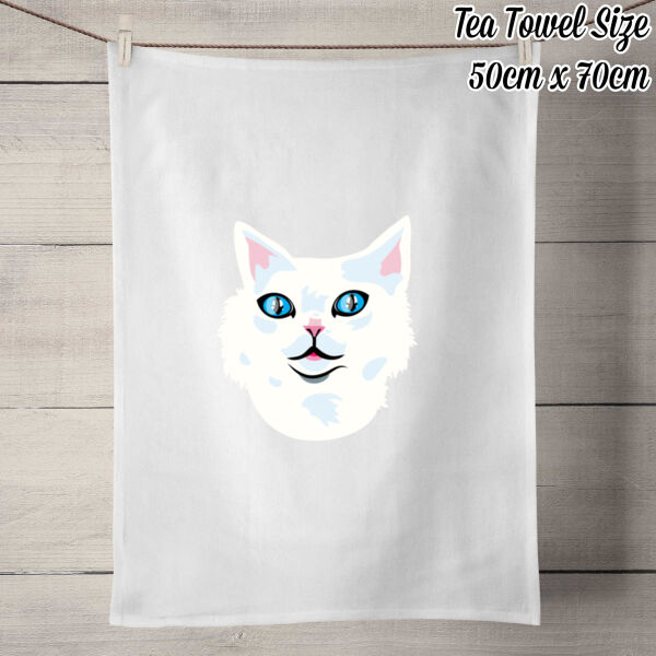 Snowy Cat - 50% Linen Tea Towel - White Thumbnail