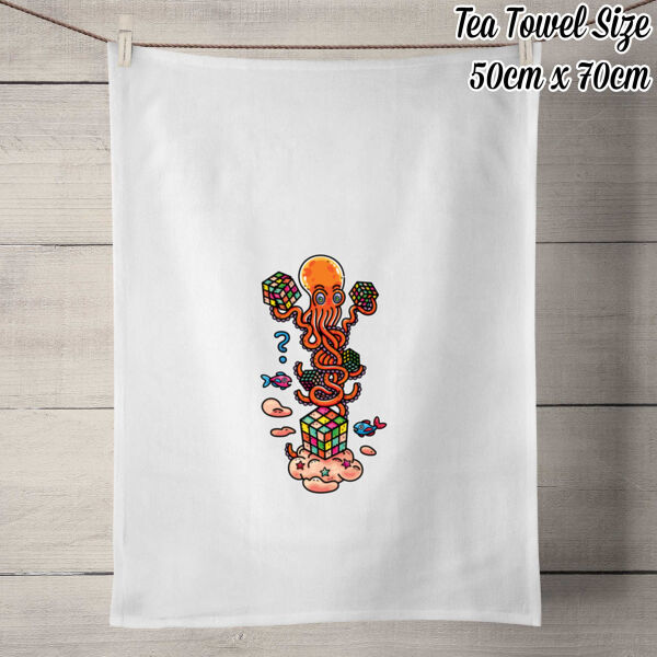 Octo Cube Solver - Version 2 - 100% Linen Tea Towel - Off White Thumbnail