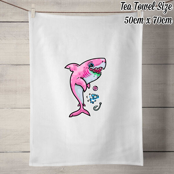 The Pink, friendly Shark of the sea - 50% Linen Tea Towel - White Thumbnail