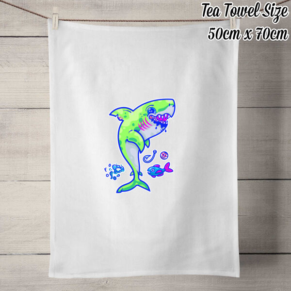 The Lime Green Shark with a Motive - 100% Linen Tea Towel - Off White Thumbnail