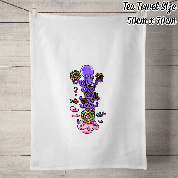 Octo Cube Solver - Version 3 - 50% Linen Tea Towel - White Thumbnail